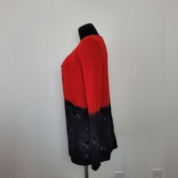 Oscar De La Renta Cardigan Sweater Set Cashmere Silk Red Black Floral Sequin - Picture 3 of 13